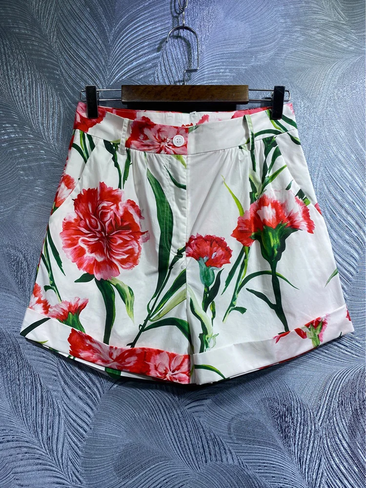 Women's Red Flower Printing Shorts, 100% Cotton, Beach, Holiday, Mini Pants, Sweets, Girl's Breeches, Summer Fashion