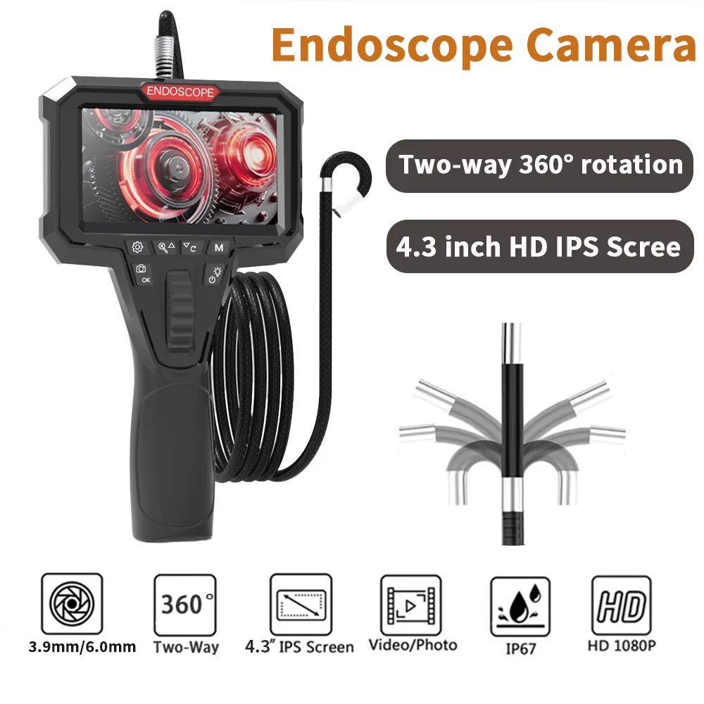 Two-Way Rotary 360° Industrial Piping Endoscope Camera Borescope Inspection with 4.3 Inch IPS Screen 3.9mm/6.0mm HD 1080P Photo