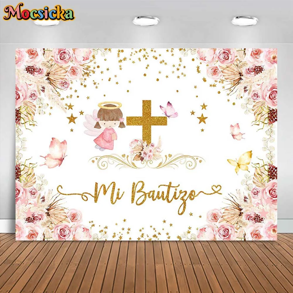 

Mocsicka Baptism Backdrop Boho Flowers Cross Girl First Holy Communion Party Decoration Christening Background Mi Bautizo Banner