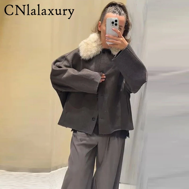 Women's Oversized Winter Wool Coat with Fur Collar