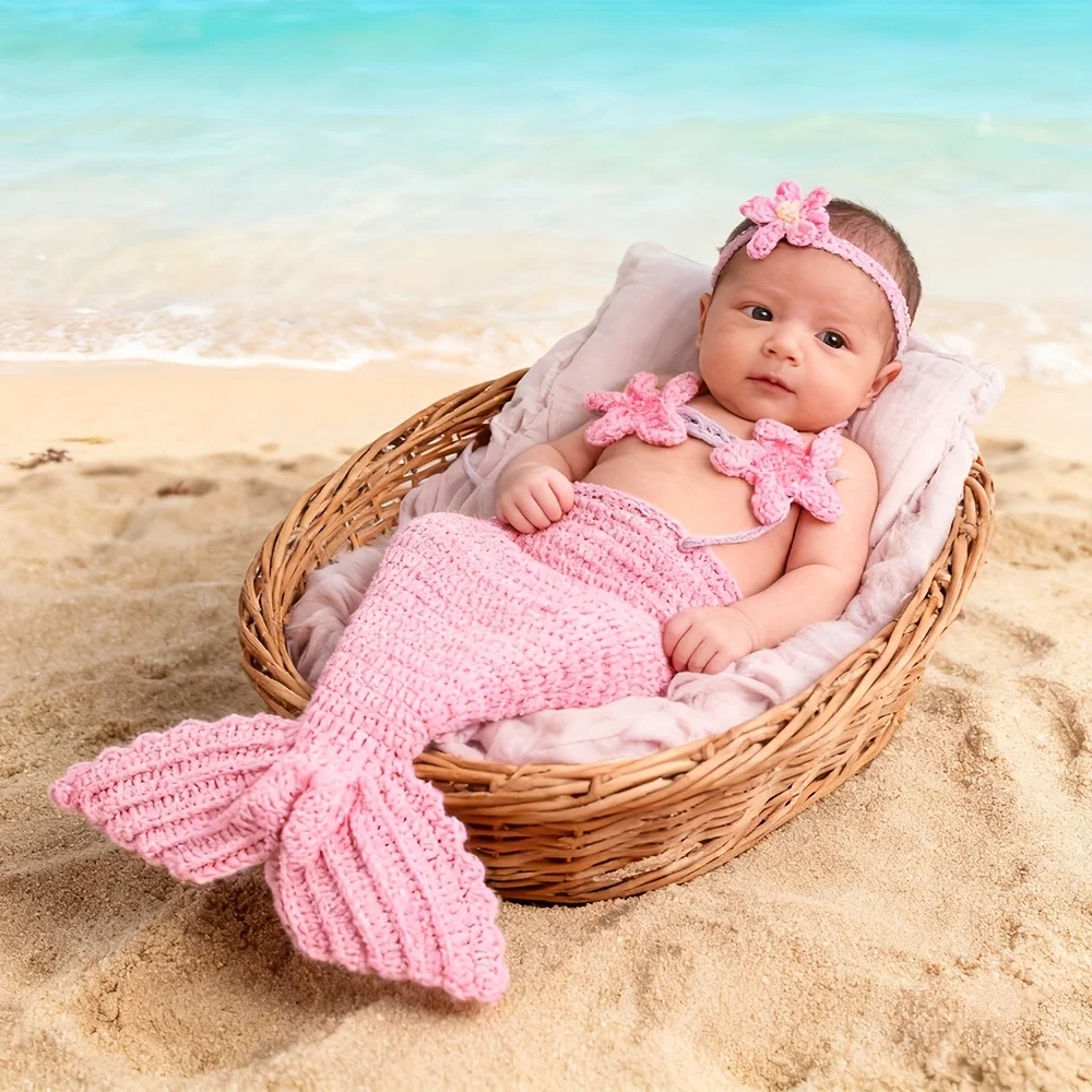 Newborn Mermaid Photo Prop: 3pcs Set with Knit Tail Skirt & Pearl Flower Headband. Adorable Baby Photoshoot Outfit & Gift.