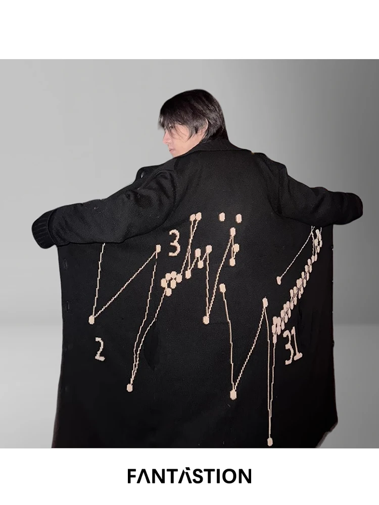 FANTASTION 音符プリント ウールブレンド カーディガン オーバーサイズ ミッドレングス コートガン ハイネック ユニセックス セーター 秋冬用