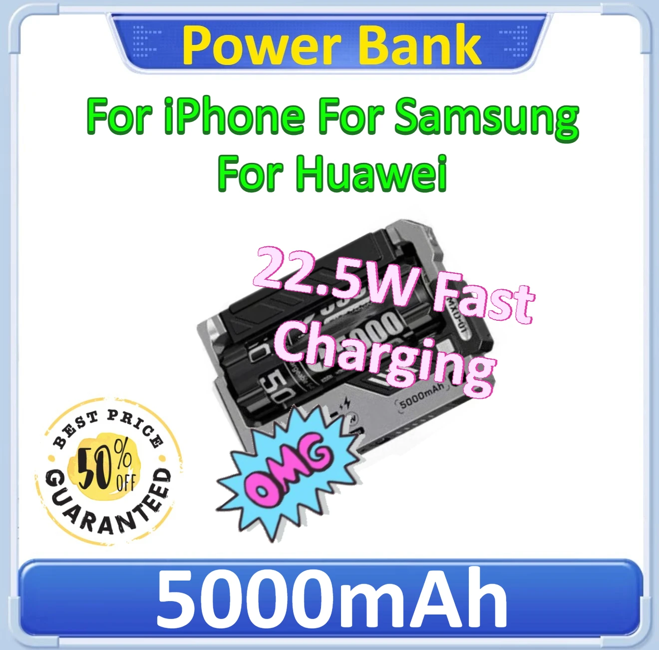 

5000mAh Power Bank 22.5W Fast Charging External Battery Charger For iPhone For Samsung For Huawei Removable Replaceable Battery