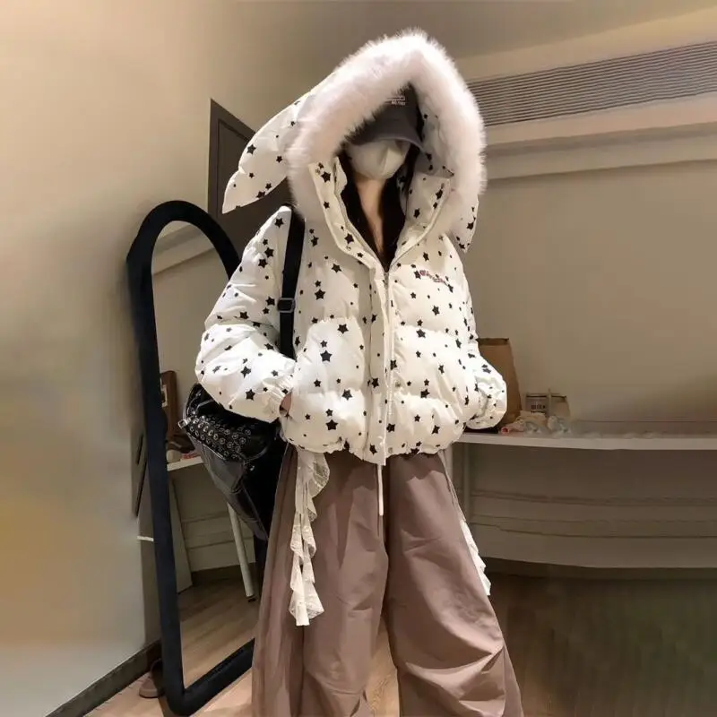 

2025 зимнее женское хлопковое пальто с кроличьими ушками и меховым воротником с капюшоном Y2K для девочек, куртка с американским ретро-принтом, утолщенное и теплое милое пальто