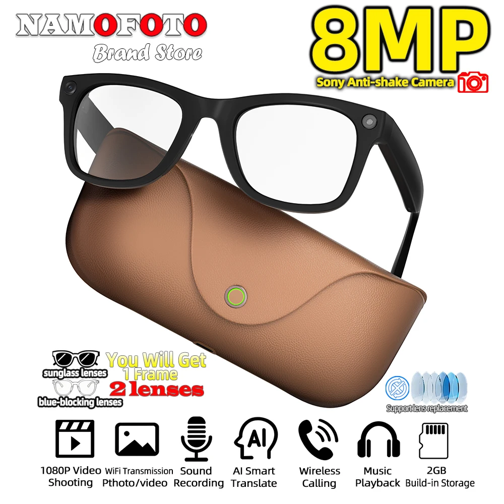 

Новые умные очки AI 2026 года с функцией перевода, HD-камерой 8 МП, записью видео 1080P, зарядным кейсом 2000 мАч, защитой от синего света, солнцезащитные очки с двумя линзами