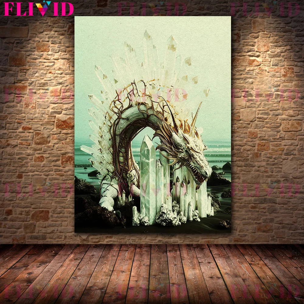 Crystal Wyvern Lair,Abstract Wall Art Canvas Painting,Dragon King, Magic Creature, Vintage Art Poster Print, Home Decor,Unframed