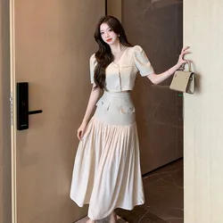 French Temperament V-neck Bubble Sleeve Suit Top Patchwork Pleated Skirt Two-piece Set Women Contrast Color Single Breasted Set