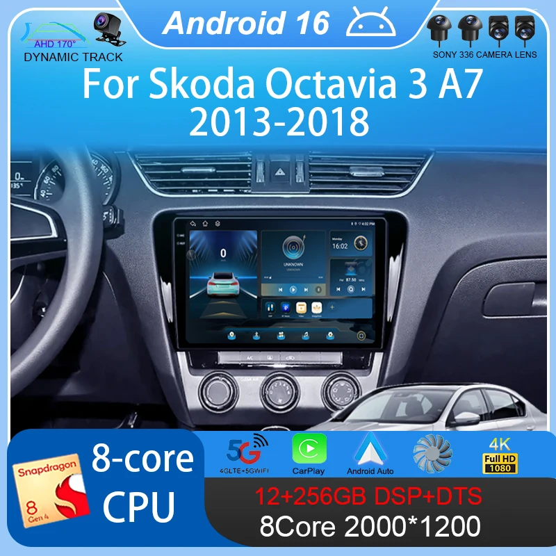 Android 16 For Skoda Octavia 3 A7 2013 - 2018 Carplay Auto 4G+WIFI GPS Navigation Multimedia Video Player Car Radio Stereo BT