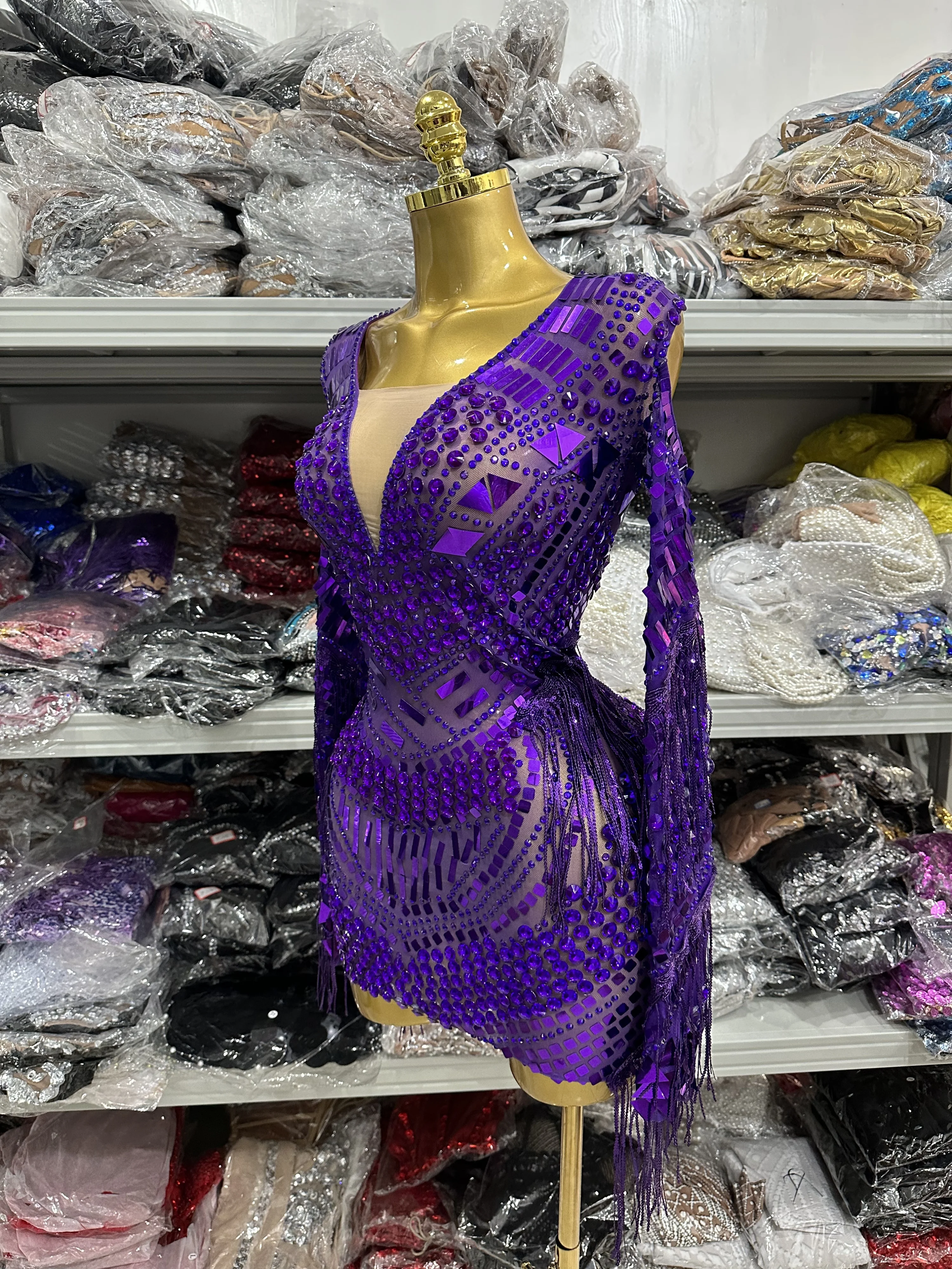 

Purple Color Women Long Sleeve Sexy Shining Mirrors Rhinestones Bodycon Mini Dress Evening Party Celebrate Cocktail Outfit