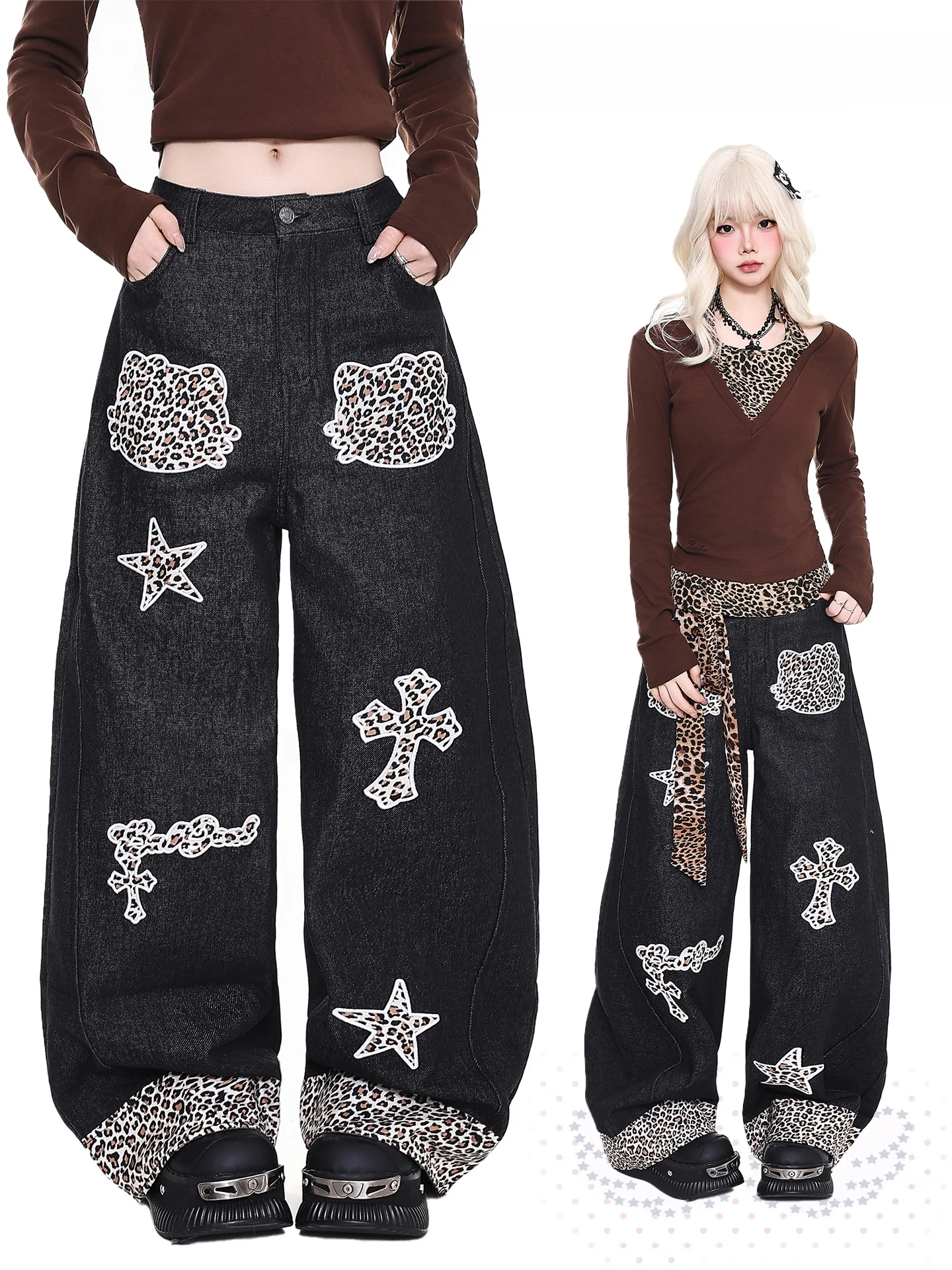 

Ретро-оранжевые джинсы с леопардовым принтом и вышивкой, повседневные широкие джинсы, женские удобные джинсовые брюки свободного кроя, весенний сезон