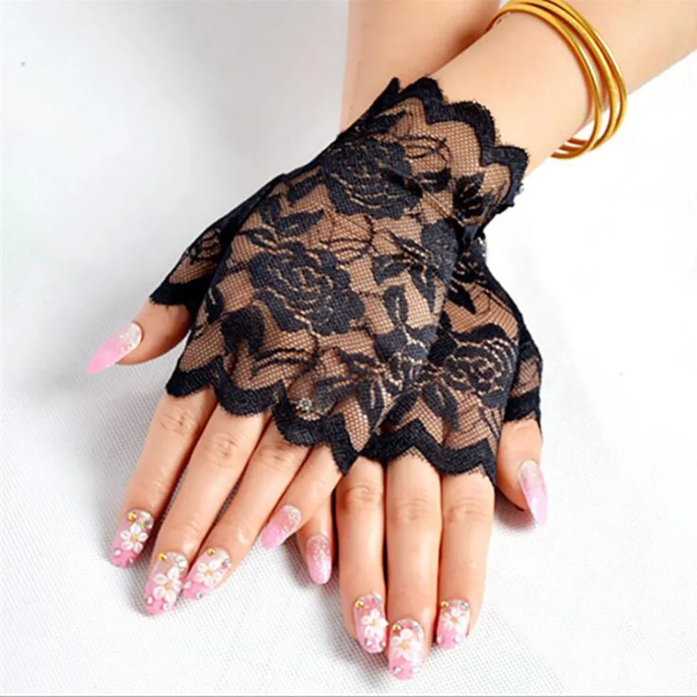 Spring Summer Sexy Lace Gloves for Women Sunscreen Short Gloves Fingerless Driving Gloves Half Finger Mittens Elastic