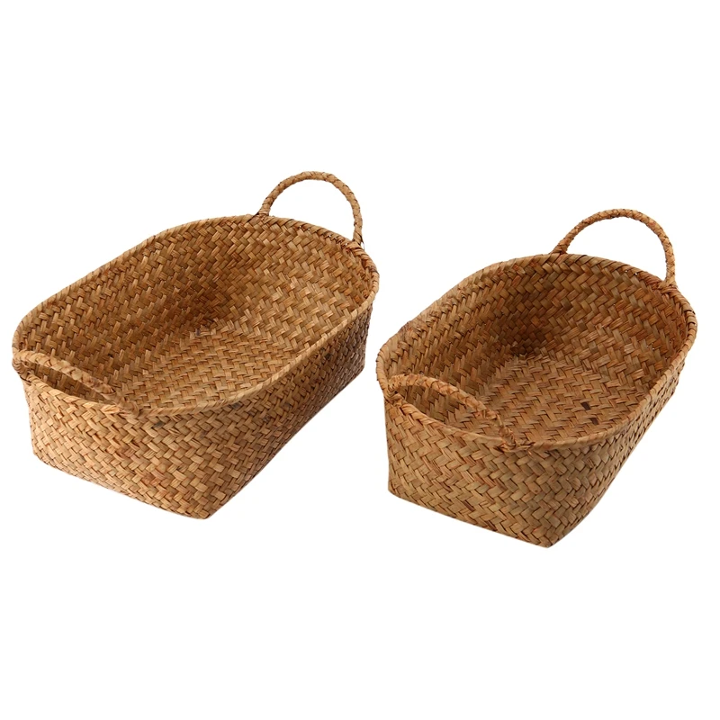 

Straw Braid Baskets, 2 Pcs Straw Hand Woven Storage Basket With Handles For Storage Plant Pot Basket And Laundry, Picnic