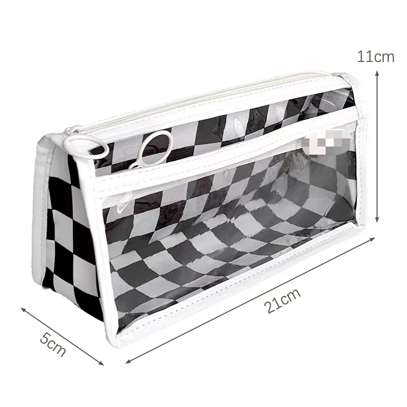 Portátil impermeável Double Layer Pencil Case, Simples transparente Checkerboard Bag, papelaria Student, grande capacidade