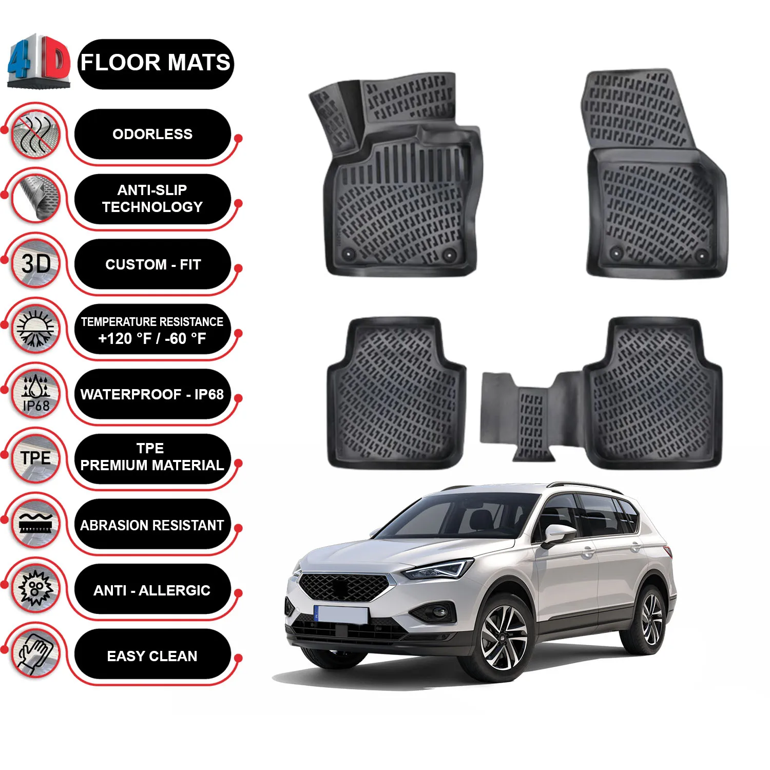 Seat Tarraco - (2018-2022) Floor Mats Liner Waterproof 3D - (Black)