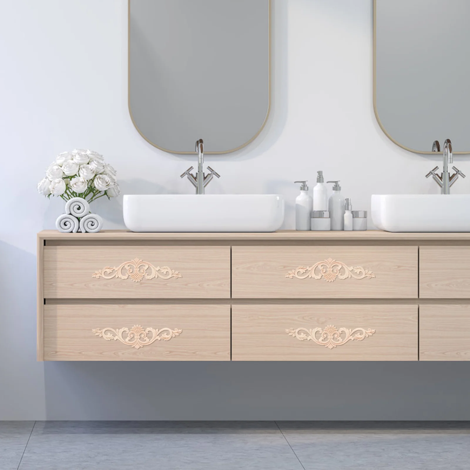 

2Pcs Solid Wood Floral Inlay Decor Premium Carved Wood Appliques for Cabinet Door DIY Furniture Upgrade Wooden Onlay Trim Craft