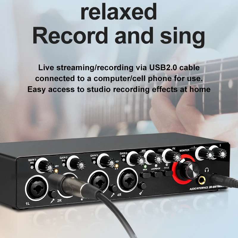 Studio Recording Microphone USB External 48V MD44 24Bit 192KHz Audio Interface 4 Input Output Sound Card Mixer