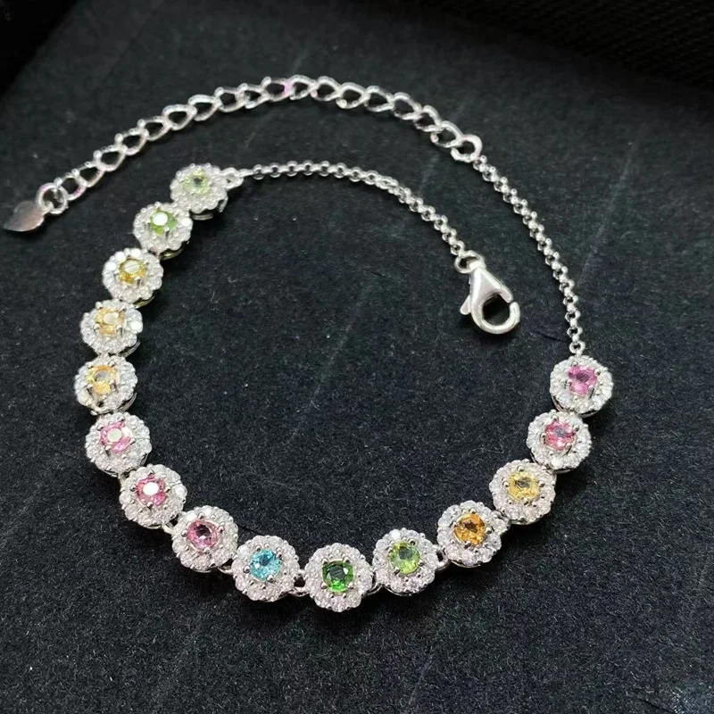 

Real 925 Sterling Silver Natural Bracelet for Women Tourmaline Tennis Bracelet Christmas Fine Jewelry Gift for Girl Lady