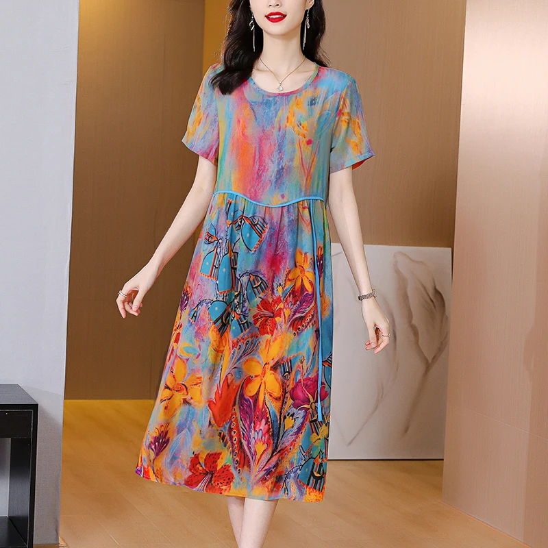 Imagem -03 - Vestido Midi Floral de Seda Amora com o Pescoço para Mulheres Moda Boho Vestido de Praia Claro Bodycon Elegante Coreano Vestidos Casuais Verão 2024