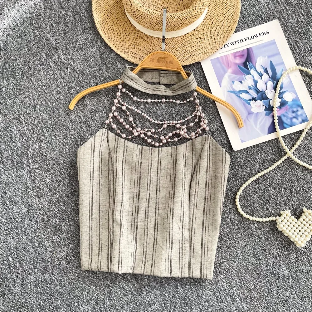 

Сексуальные женские винтажные тонкие майки без рукавов с цепочкой и бисером, корейская базовая уличная одежда, уличная летняя одежда