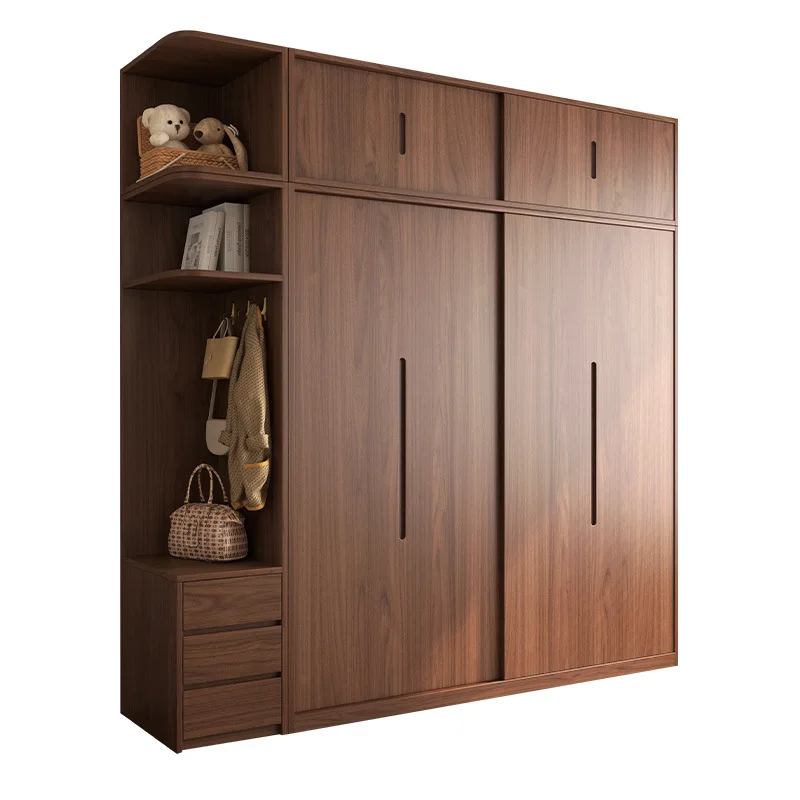

Solid wood sliding door wardrobe, modern minimalist combination wardrobe, log walnut sliding door bedroom