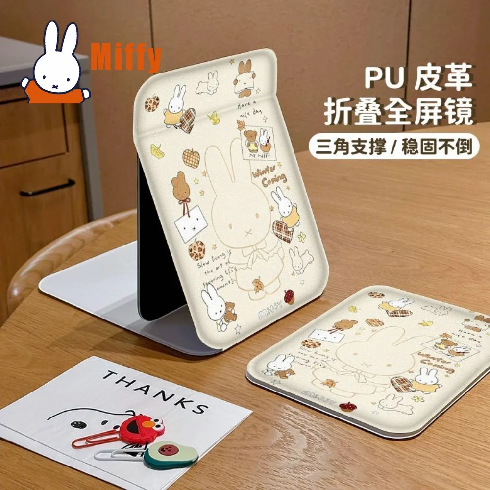 Kawaii Miffy Makeup Mirror Cute Rabbit Folding Vanity PU Leather Portable Desk Compact Holder Dorm Room Travel Office Gift