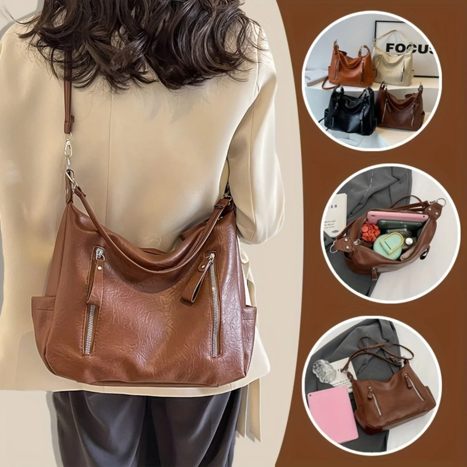 

Faux Leather Hobo Bag for Women, Large Capacity Vintage Tote with Zippers, Fashionable Single Shoulder and Crossbody Bag, Retro