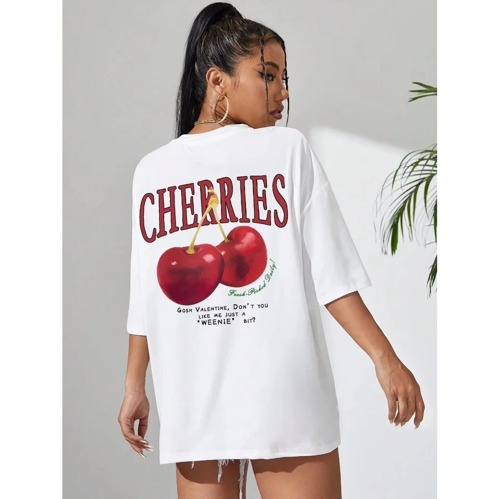 

100% Cotton Women's T-shirt Loose Large Size Red Cherry Print T-shirt Summer Crewneck Top Casual Short-sleeved Women's Clothing