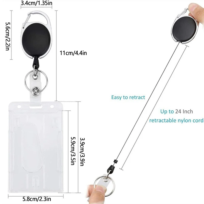 Porta-crachá duplo, vertical, 2 porta-cartões, duro, transparente, retrátil, com ranhuras para polegar, 1 peça