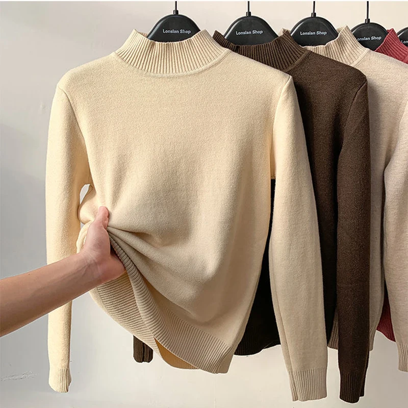 Sweaters Casual Half Turtleneck Plush Velvet Lined Thicken Knitted Pullover Women Winter Warm Knitwear Jumper Soft Malhas Jersey