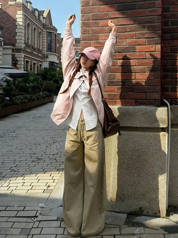 

American Retro Khaki Workwear Wide Leg Jeans Women Spring New Loose Straight Cut Knife Denim Pants High Waist Casual Sle