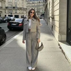 Women Turn-down Collar Short Jackets+Chic Wide Leg Pants Set 2024 Spring Summer Casual Women Solid Suits Fashion Streetwear