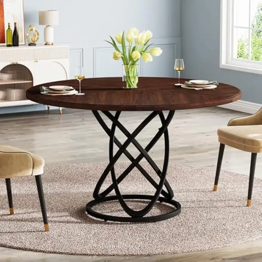 Round Dining for 4-6 People, 47 Inch Dinner Circle Kitchen with Metal Base, Wood Dining Room Cofee