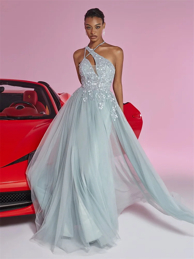 

Luxury Beaded Dubai Tulle Embroidery Evening Dresses Elegant Women Wedding Party Long Arabic Prom Formal Cocktail Gowns