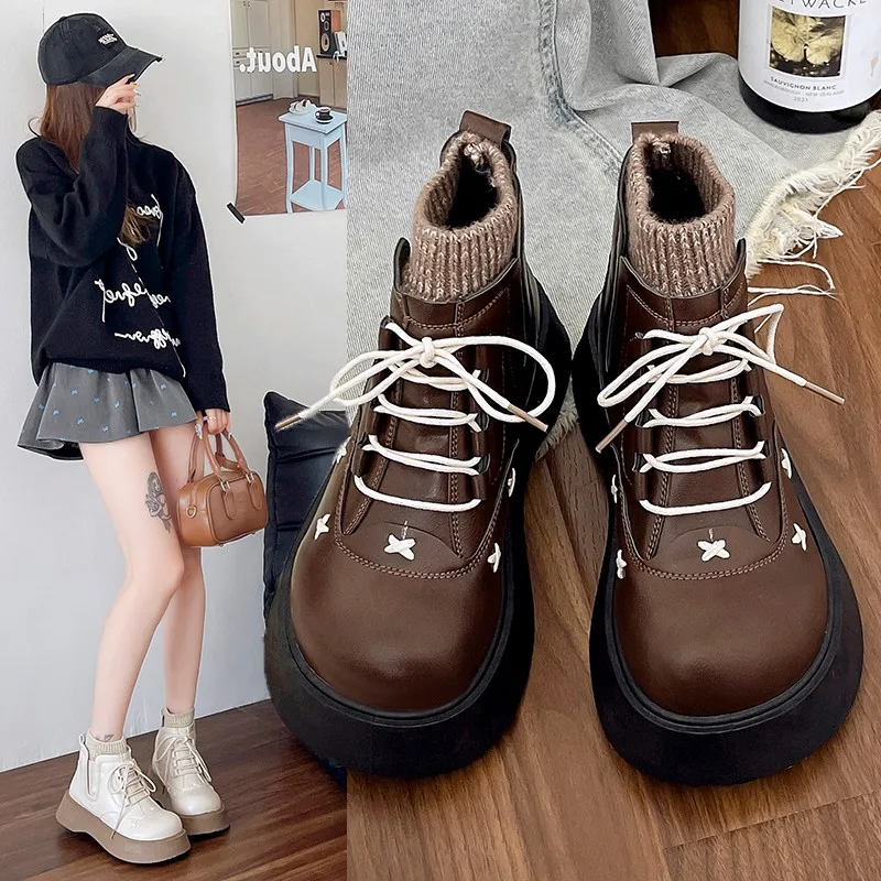 レディースファッション-シンプルで人気のブーツ-女性ファッション-レディース-アンクル-ロック-2025-秋-レースアップ-レトロ-アンクルブーツ-女性用