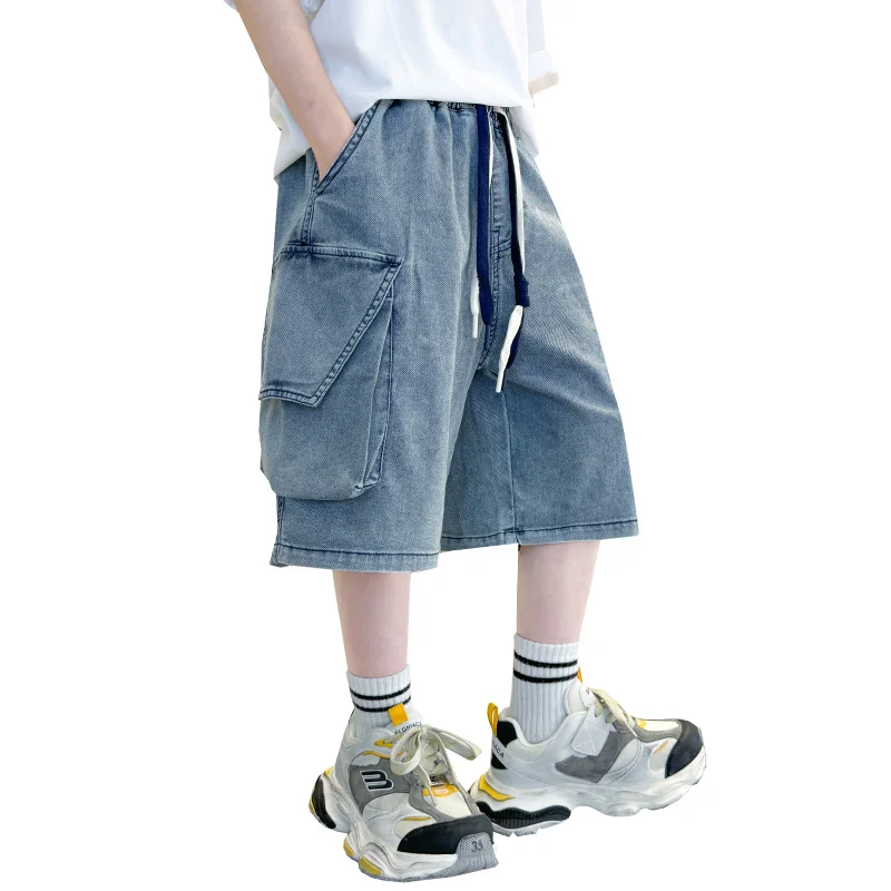 

Fashion Denim Shorts For Boys Teenager Kids Elastic Waist Cargo Jean Short Pants With Pocket For Children's Age 5-14 Years Old