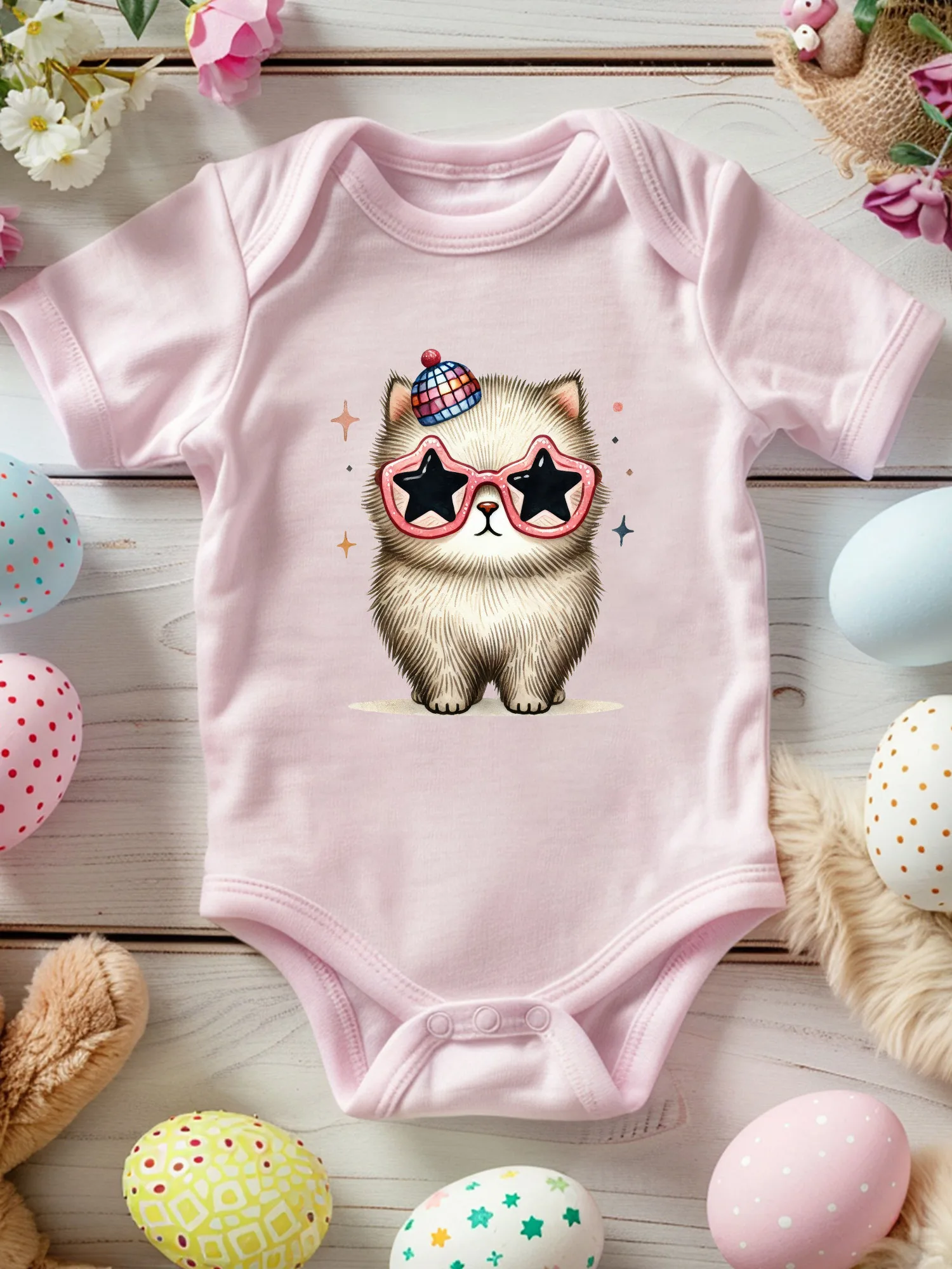 

Vintage Fashion Cat Unisex Baby Crawling Suit, 100% Cotton Soft Onesie, All-Season Wear Pink Bodysuit 190GSM