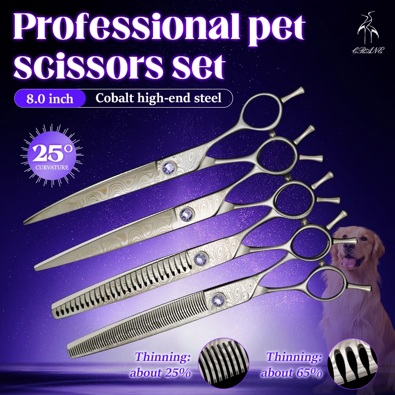 crane-professional-80-inch-pet-dogs-grooming-scissors-set-damascus-straight-curved-thinning-shear-scissors-for-dog-groomer