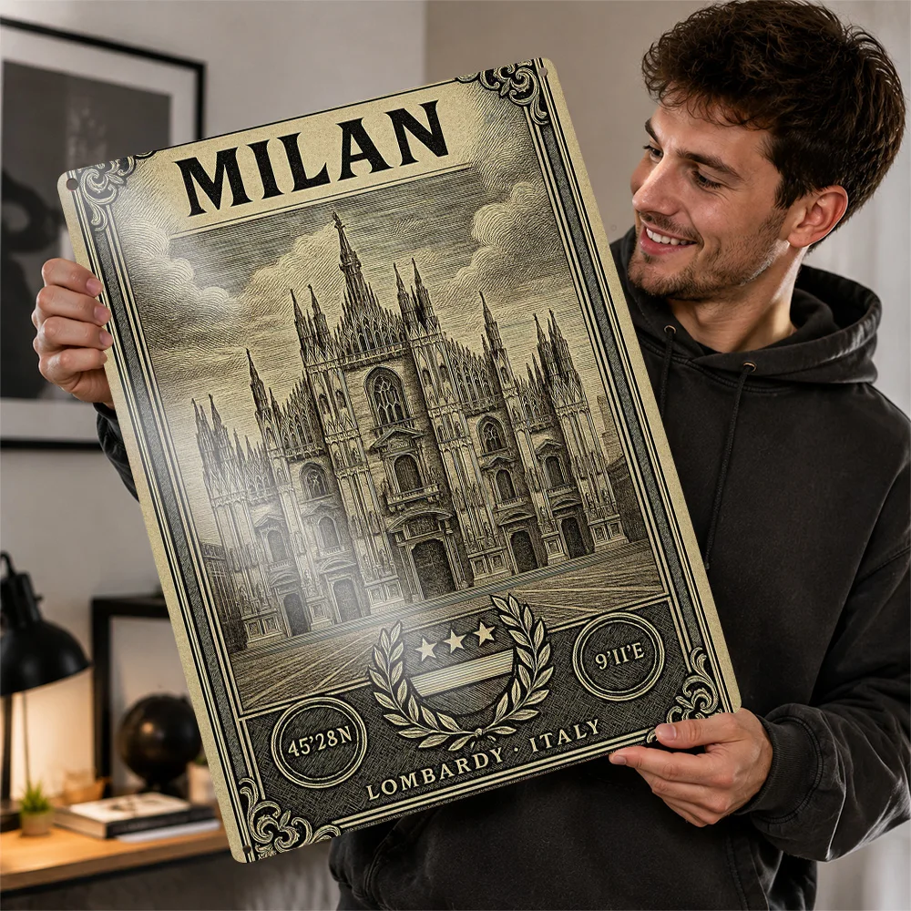Milan Cathedral Travel Illustration Printed Poster Personalized Aluminum Metal Sign Vintage Scenic Wall Art Made For Travelers