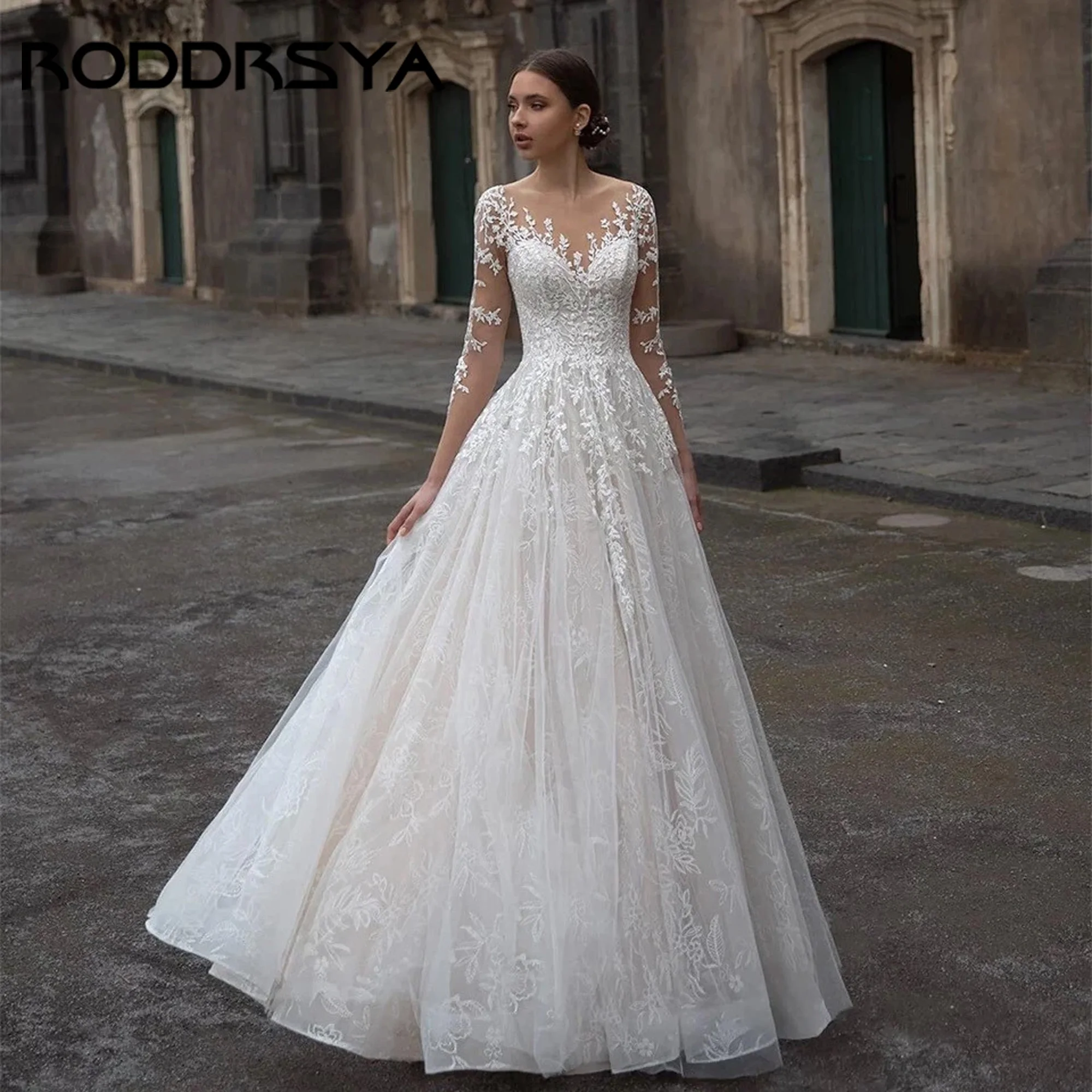 RODDRSYA Boho Wedding Dress 2025 Bride Long Sleeve V-Neck Lace vestidos de novia A-Line Appliques Luxury Bridal Gown Customized