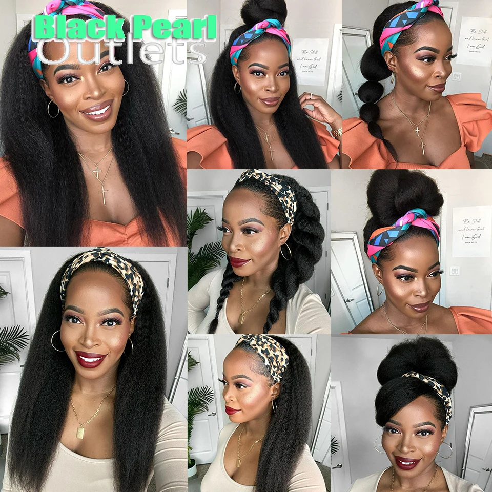 Aircabin Kinky Straight Headband Wig For Black Women Brazilian Hair Wig Yaki Straight HeadBand Wigs Human Hair Machine Made Wigs