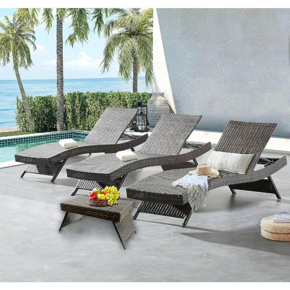 

Outdoor 4 Chaise Lounger,and 2 Side End Tables, Pool Outside Rattan Reclining Lounge Chairs with Coffee Table