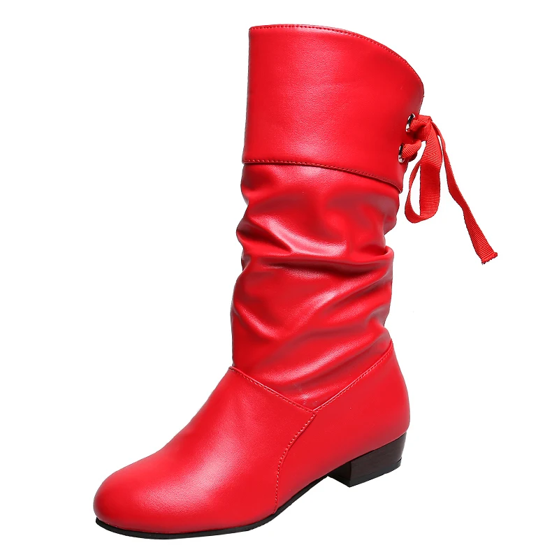 Plus Size 35-43 Women Mid Boots Back Lace Up Low Heels Winter Shoes Black Boot White Botas Mujer Female Snow Boot Red