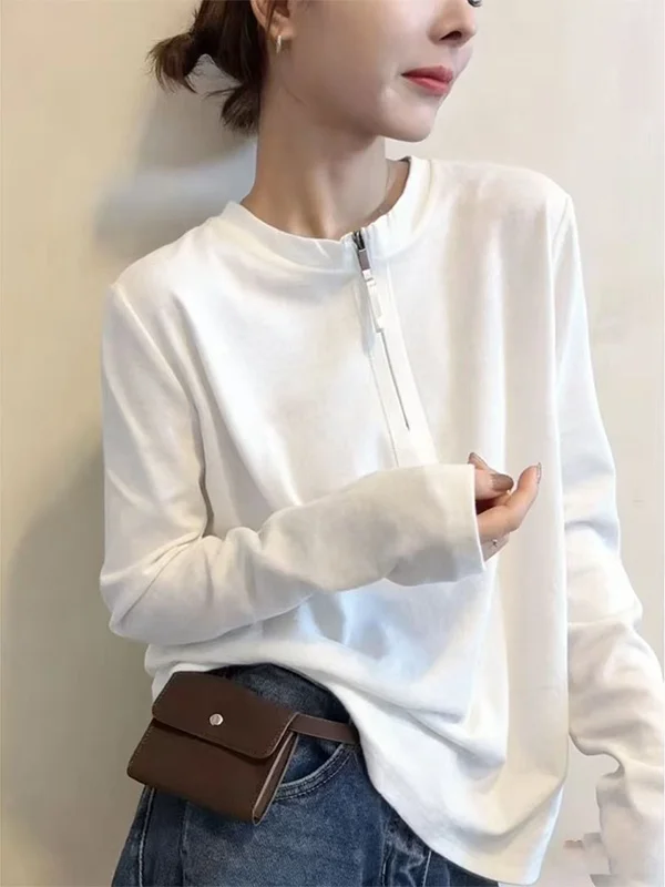 

Свободная женская футболка с длинным рукавом, белая, с молнией, мультяшным принтом, для ранней весны, повседневная, модная, больших размеров, утягивающая, топ