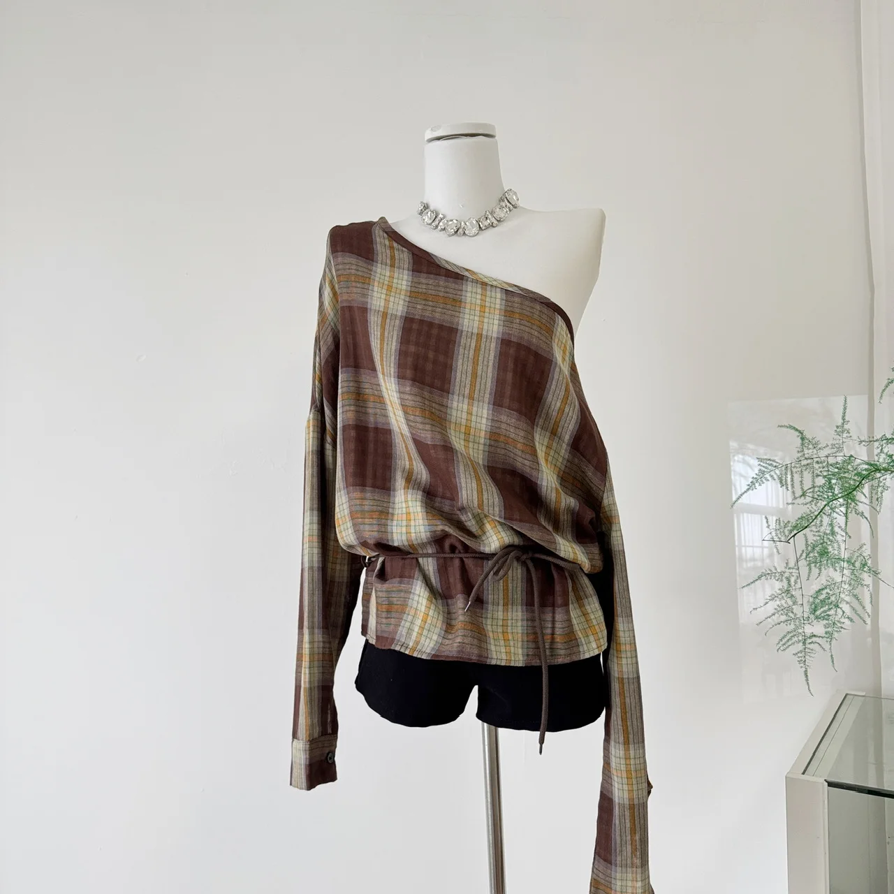 

Нежный клетчатый женский топ в стиле ретро с овальным плечом, новый повседневный топ с клеем Bell Sve, 00% весенне-летний топ