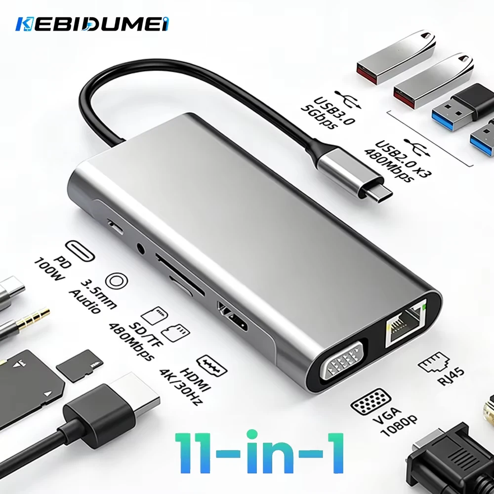 KEBIDUMEI 11-in-1 USB-C HUB 4K HDMI 1080P VGA 1000Mbps Ethernet SD TF Card Reader USB 3.0 5Gbps Docking Station for PC Macbook