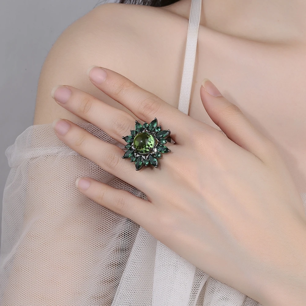 

Pretty Flower Jewellery With Full Green Cubic zircon Gun black plated Trendy Large Crystal Ring Women