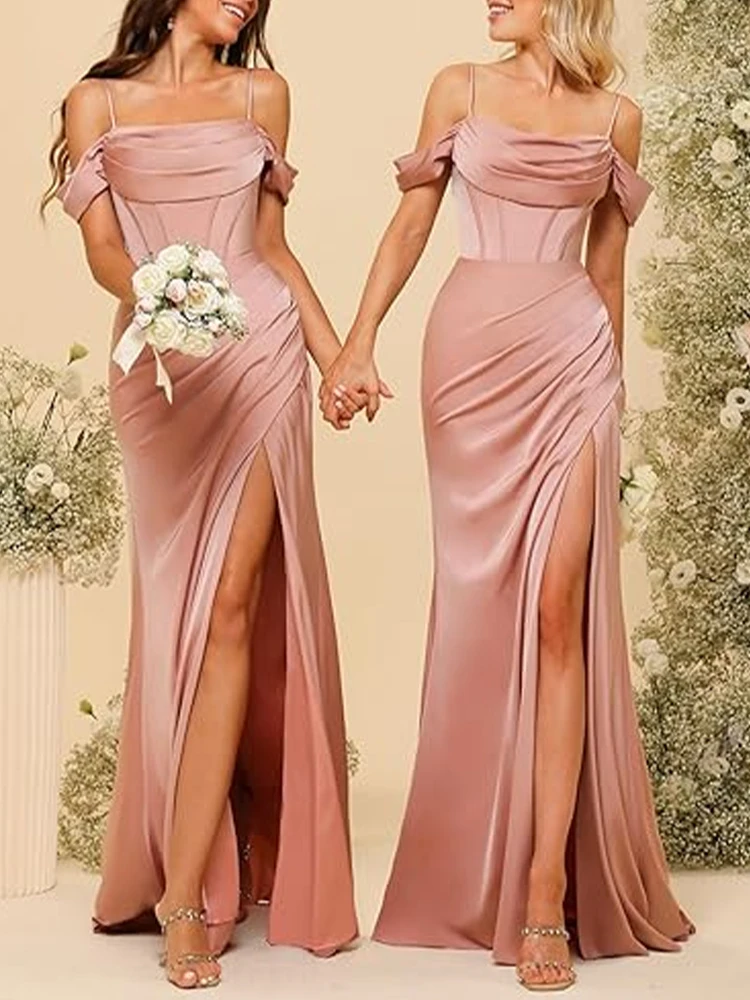 Off-the-shoulder Satin Bridesmaid Dresses Long Fishtail Waist Slit Slim Fit Evening Dress Women Formal Banquet Party Maxi Dress