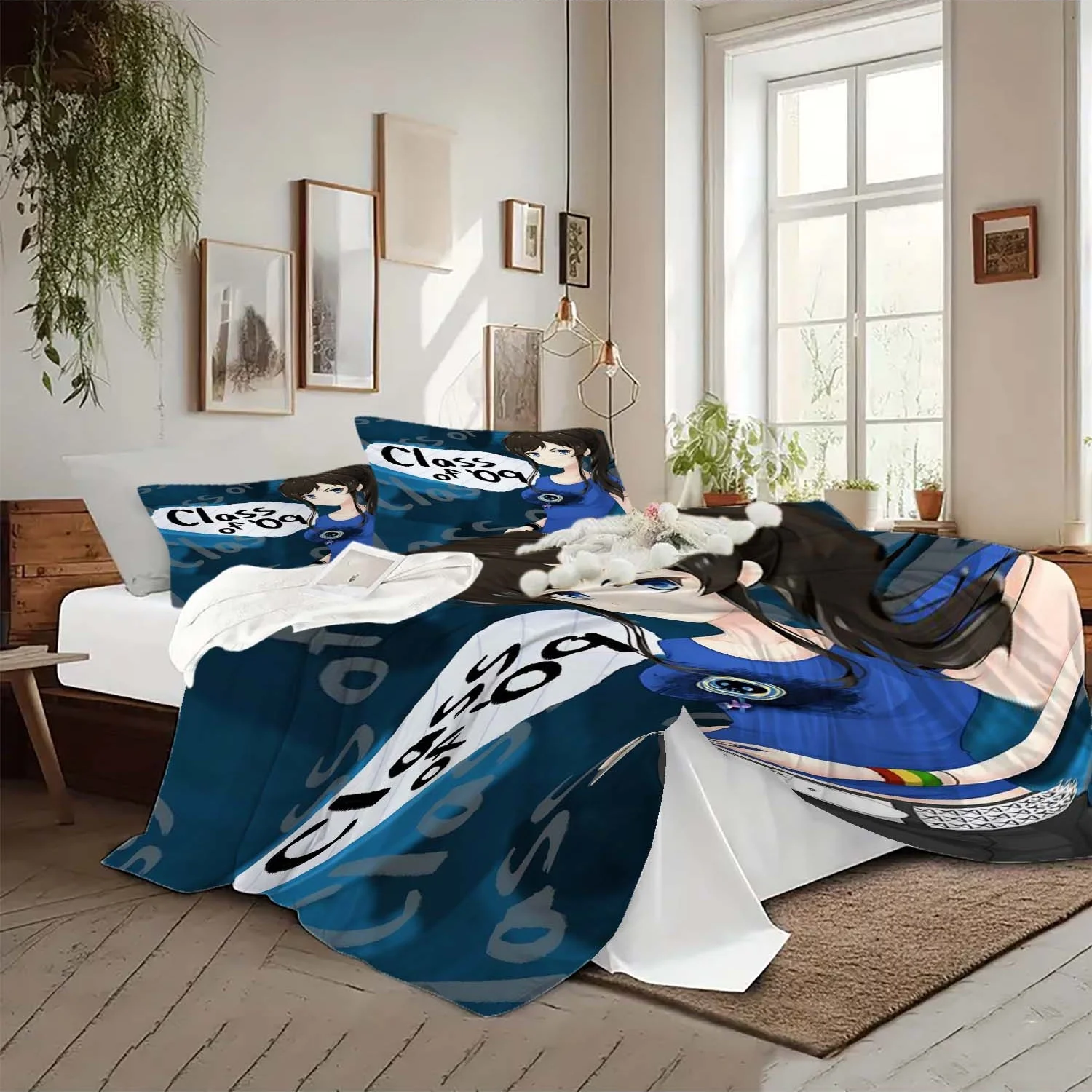 3pcs Anime-Themed Blue Quilt Cover Set for Girls - 