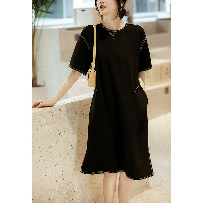 

Little Black Qipao Skirt Bright Line Loose Dress 2023 Summer New Black Slit Fashion New Traditional Chinese Style Cheongsam