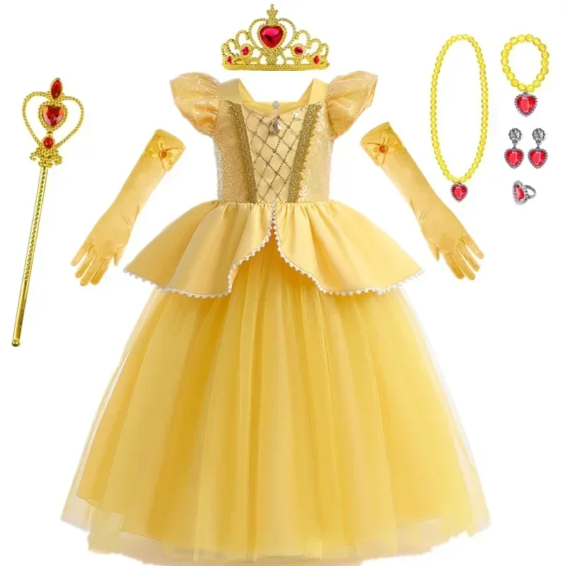 2024 Belle Princess Dress Girls Cosplay Costume Children Halloween Birthday Party Clothes Beauty and The Beast Sequin Prom Gown